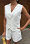 Women's White Flared Linen Double Short Suit - 3