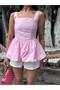 Pink Square Neck Balloon Sleeve Blouse