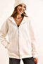 Women's White Hooded Zippered Oversize Hooded Sweatshirt Swt-19000718