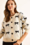Women's Ecru Crew Neck Bow Detailed Buttoned Cardigan Hrk-19000363 - 4