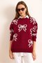 Women's Burgundy Bow Detailed Oversize Knitwear Sweater Kzk-19000971 - 3