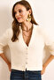 Women's Ecru Collar Button Detailed V Beard Cardigan Hrk-19000369 - 4