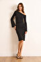 Women's Black Boat Neck Drape Detail Spanish Sleeve Polyamide Dress Elb-19002529 - 3