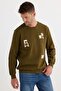Men's Relax Fit Relaxed Cut Cotton Elastic Sleeve Crew Neck Printed Khaki Sweatshirt - 4