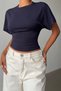 Women's Navy Blue Bat Sleeve Waist Seat Cotton T-Shirt - 2