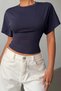 Women's Navy Blue Bat Sleeve Waist Seat Cotton T-Shirt - 3