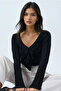Black V-Neck Knitted Blouse with Ruffle Detail on the Front Alc-X14363 - 2