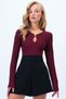 Women's Burgundy Crew Neck Drop Neckline Ottoban Blouse Alc-X14343