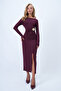 Bordo Bisiklet Yaka Beli Broş Detaylı Maxi Boy Sandy Elbise ALC-X14378 - 2