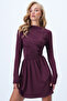 Bordo Düşük Yaka Drape Detaylı Sandy Kloş Elbise ALC-X14371
