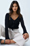 Black V-Neck Knitted Blouse with Ruffle Detail on the Front Alc-X14363 - 3