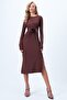 Women's Bitter Brown Crew Neck Lacing Detailed Double Slit Sandy Dress Alc-X14370