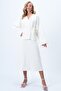 Women's Ecru Double Breasted Cut Self Belted Textured Jacket and Maxi Length Skirt Tweed Suit Alc-X14382 - 4