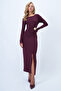 Bordo Bisiklet Yaka Beli Broş Detaylı Maxi Boy Sandy Elbise ALC-X14378 - 4