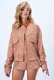 Women's Cinnamon Brown Suede Collar Double Pocket Cuff Sleeve Hidden Placket Zipper Jacket Alc-X14430 - 3