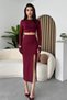 Women's Hand-Crocheted Detailed Crop Blouse and Slit Design Midi Skirt Burgundy Double Set 287 - 6