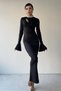 Women's Stretchy Fabric Low-Cut and Drawstring Detail Long Sleeve Black Maxi Dress 290 - 7