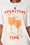 Women's White Oversize Aperitivo Time Printed Summer Casual T-Shirt - 2