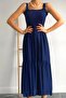 Navy Blue Strap Gipeli Layered Skirt Ruffled Long Casual Woven Dress (130 cm) - 4
