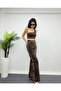 Wide Leg Leopard Patterned Jean Trousers - 5