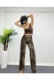 Wide Leg Leopard Patterned Jean Trousers - 6