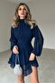 Lined Chiffon Fabric, Low-cut Back, Long Sleeve Navy Blue Evening Dress 066 - 3