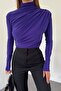 Women's Flexible Fabric Long Sleeve Asymmetrical Cut High Collar Plum Women's Blouse 9871 - 2
