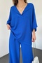 Women's Seersucker Bat Sleeve V-Neck Blouse And Trousers Oversize Cobalt Blue Double Suit 9581 - 8