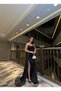 Women's Long Slit Rope Strap Front Pleated Evening Dress Engagement Henna Wedding Evening Dress Black