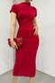 Women's Red Sandy Fabric Gathered Design Stand Collar Short Sleeve Midi Dress 12470 - 3