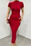 Women's Red Sandy Fabric Gathered Design Stand Collar Short Sleeve Midi Dress 12470 - 4