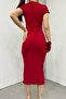 Women's Red Sandy Fabric Gathered Design Stand Collar Short Sleeve Midi Dress 12470 - 2