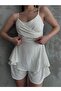 White Aerobin Fabric Degaje Collar Skirt Flounces Design Strappy Jumpsuit 7034 - 7
