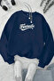 Unisex Navy Blue Fantastic Printed Crew Neck Sweatshirt - Winter Embossed Fabric