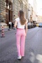 Women's Pink High Waist Lace-Up Seersucker Fabric Loose Leg Relaxed Cut Loose Summer Trousers - 8