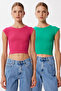 Pack of 2 Basic Ribbed Knitted Crop Blouse Lmx0123 Green Dark Pink