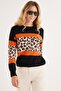 Women's Slim Fit Fitted Crew Neck Leopard Patterned Black Sweater - 2
