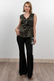 Women's Summer Khaki Side Belted Data Detailed V-Neck Sleeveless Blouse 70028