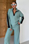 Women's Mint Green V Neck Black Line Detail Sweater Bottom-Top Pants Suit - 7