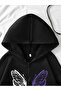 Butterfly Printed Oversize Zippered Black Unisex Hooded Cardigan - 5