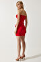 Flower Detailed Strapless Mini Knitwear Dress Lns0077 Red - 7