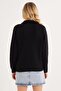 Women's Oversize Wide Cut Woven Zipper Collar Black Sweater - 7