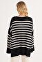 Women's Oversize Wide Cut Crew Neck Striped Black Sweater - 7