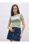 Green Slogan Print T-Shirt with Overlock Seam - 2