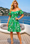 Women's Green Floral Patterned Boat Neck Summer Dress