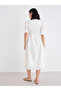 Women White Schiffli V Neck A-Line Mid Dress - 5