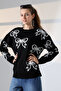 Round Neck Long Sleeve Bow Tie Bow Pattern Jacquard Panel Pearl Detail Knitwear Winter Sweater - 7