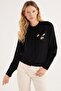 Women's Regular Fit Classic Cut Butterfly Embroidered Black Cardigan - 5