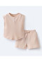 Solid Ribbed Sleeveless Top and Shorts Co-ords Set - Beige