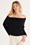 Women's Regular Fit Classic Cut Long Sleeve Off-The-Shoulder Black Sweater - 5